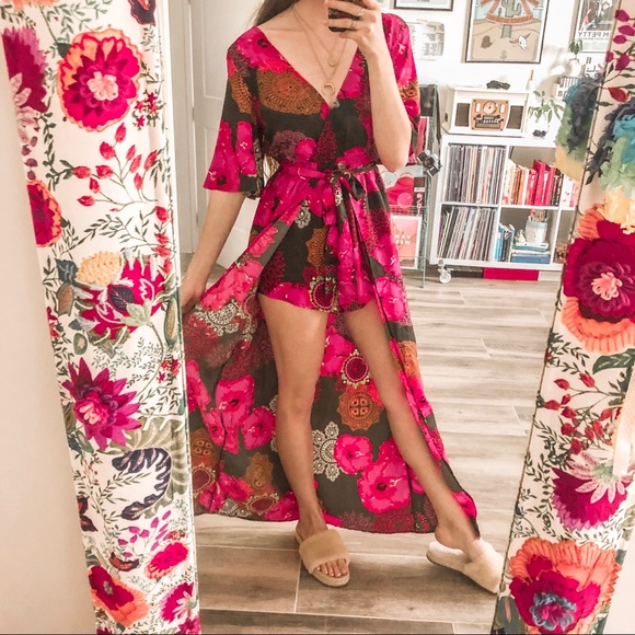 Dresses & Skirts - FLORAL SILKY TAIL CAPE ROMPER